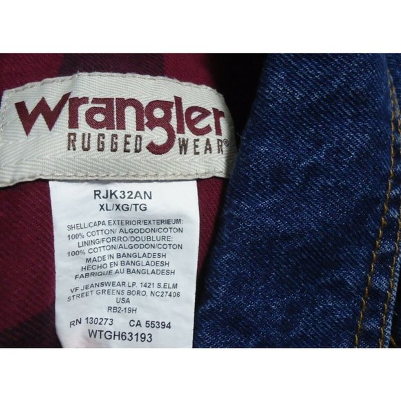 New Wrangler Rugged Wear Flannel Red Bk Lined Denim Jacket Coat XL RJK32AN  XL - Picture 3 of 12